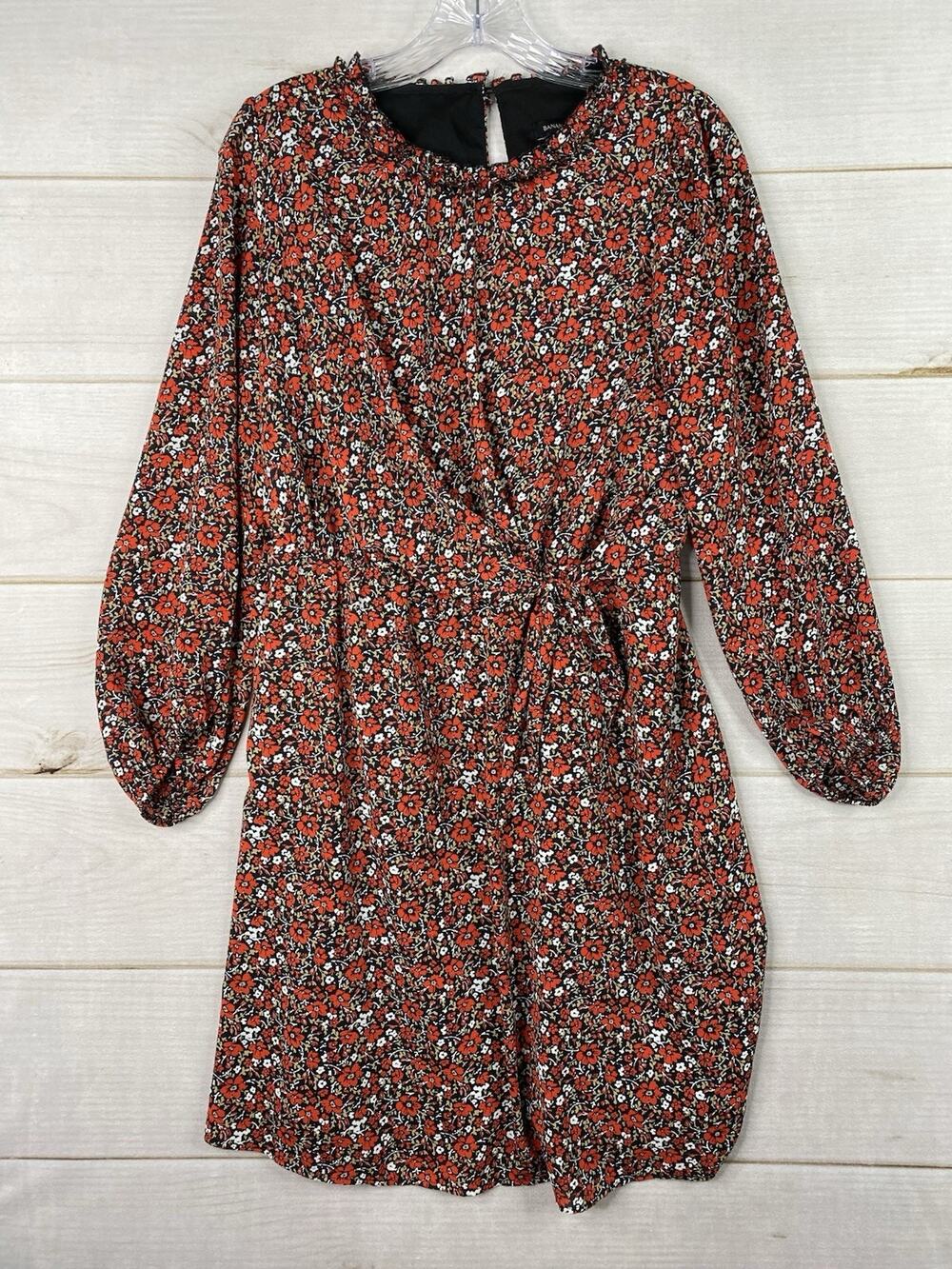 Banana Republic Dress Sz 8 Black Red Floral Print Shift Tie Front Elastic Waist
